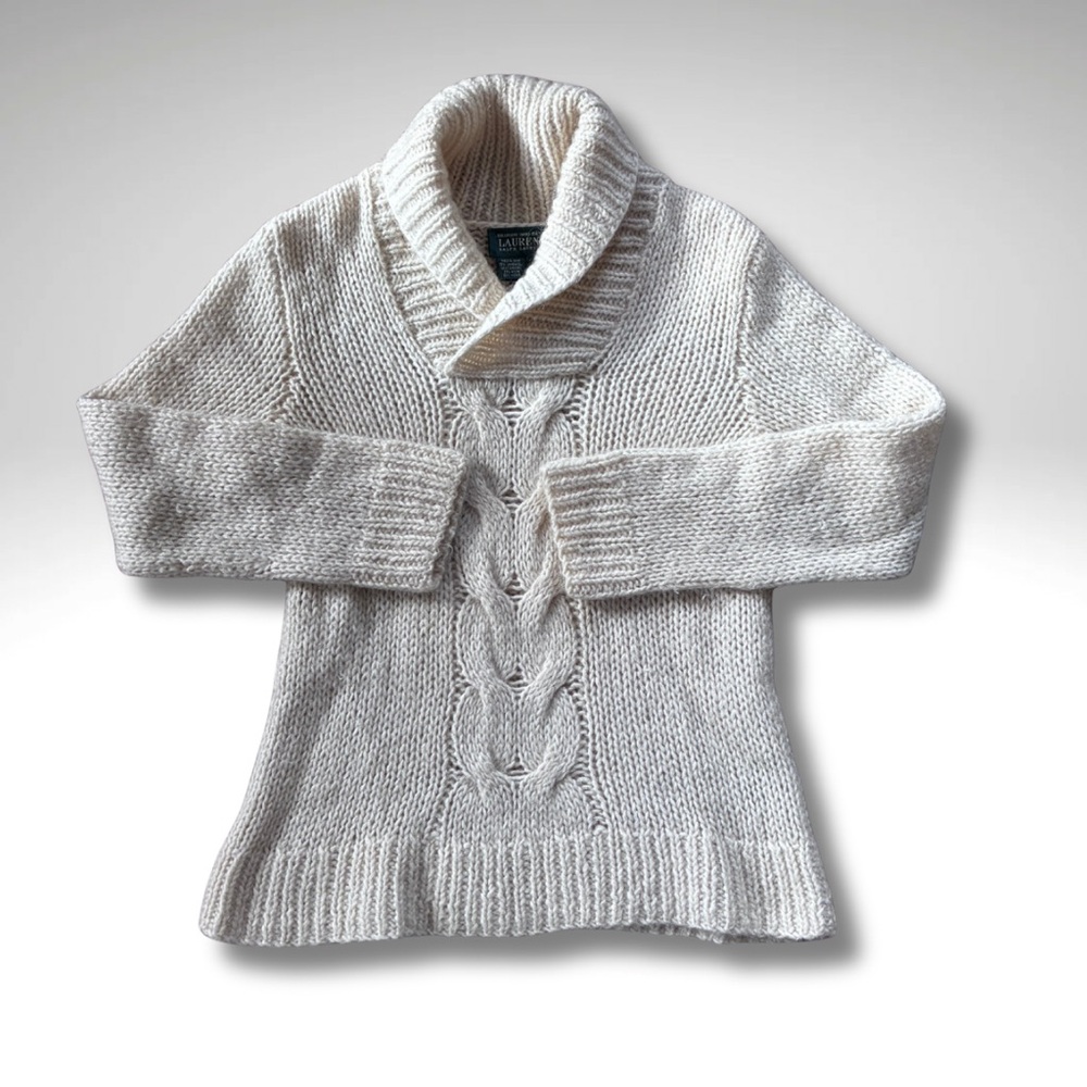 Ralph Lauren Cream Cable Knit Shawl Collar Turtleneck Sweater